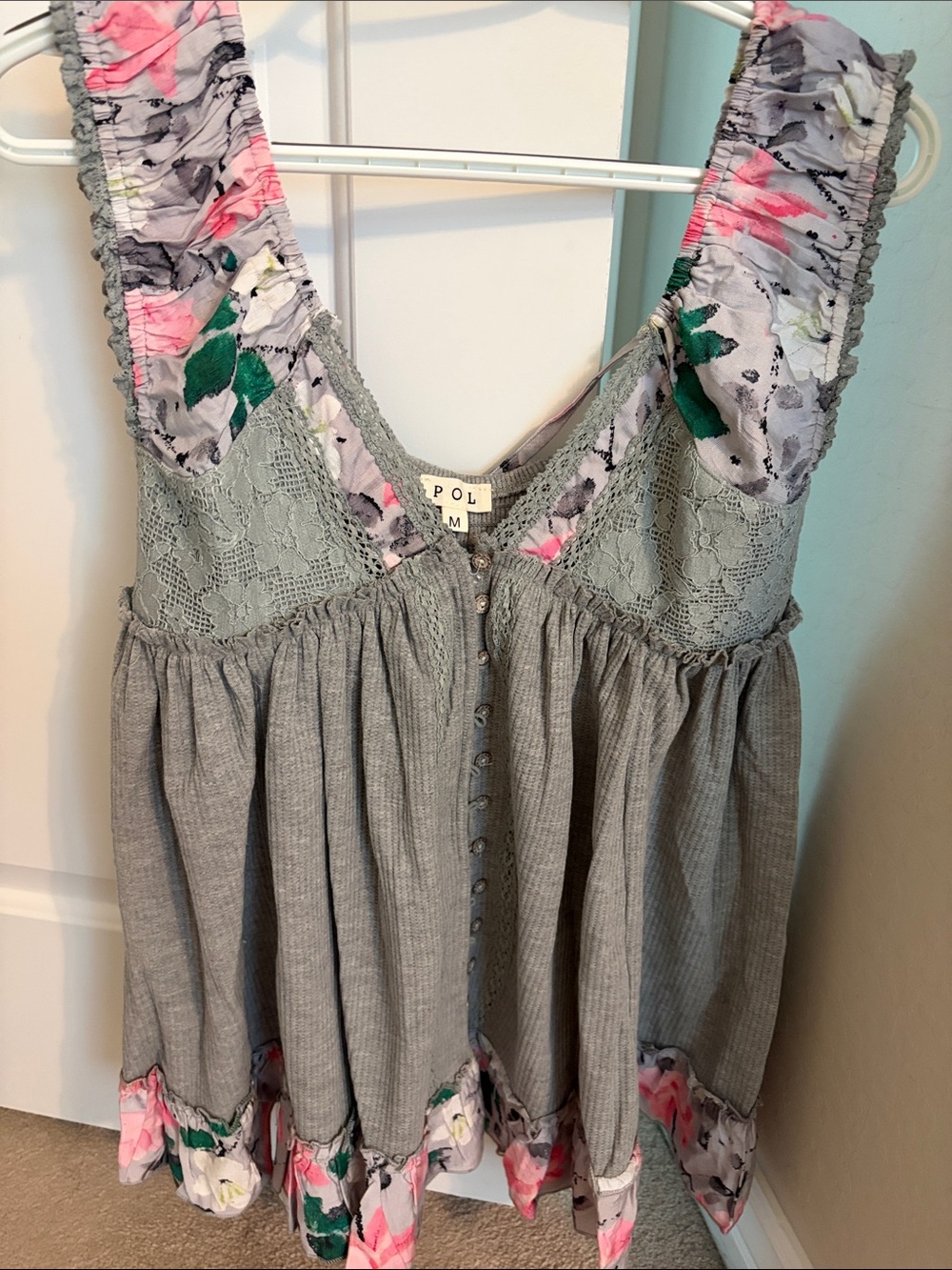 POL Gray Lace-Trim Floral Tank with Pink & Green Accents